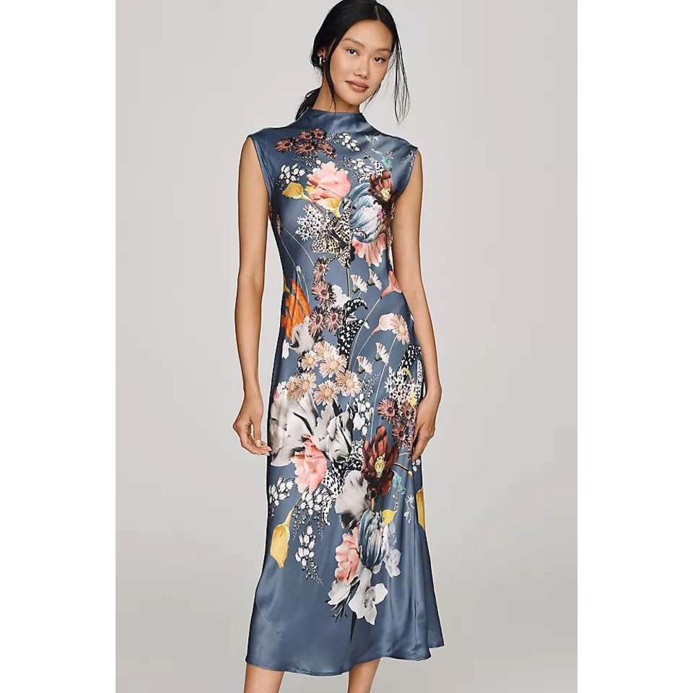Anthropologie Mauve Charlette Mock Neck Slip Dress Blue Flora SP New With Tags